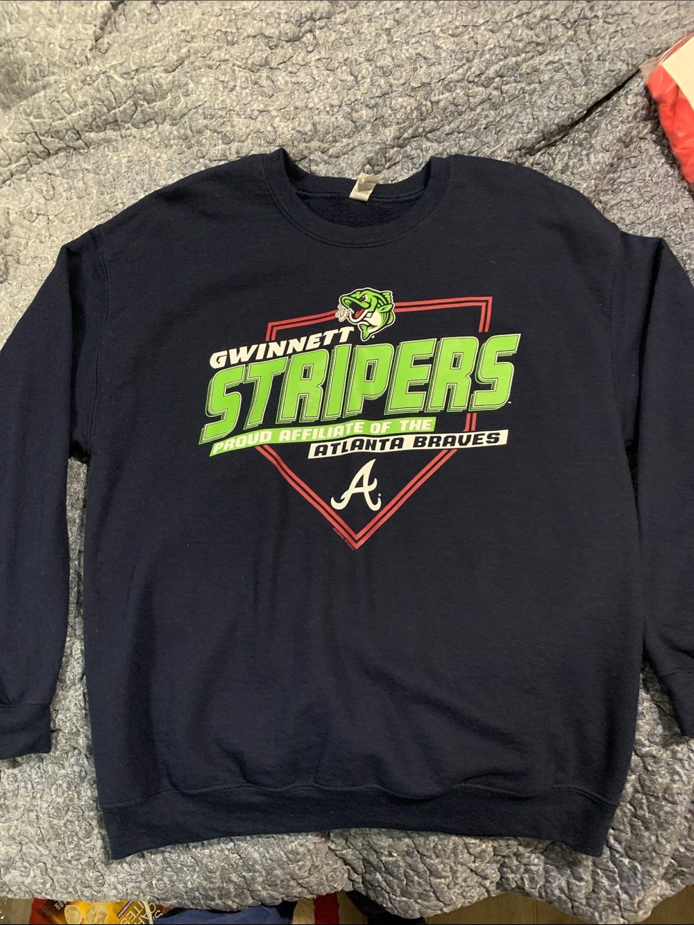 Gildan Navy Crewneck Sweatshirt with Green and Red Gwinnett Stripers Graphic
